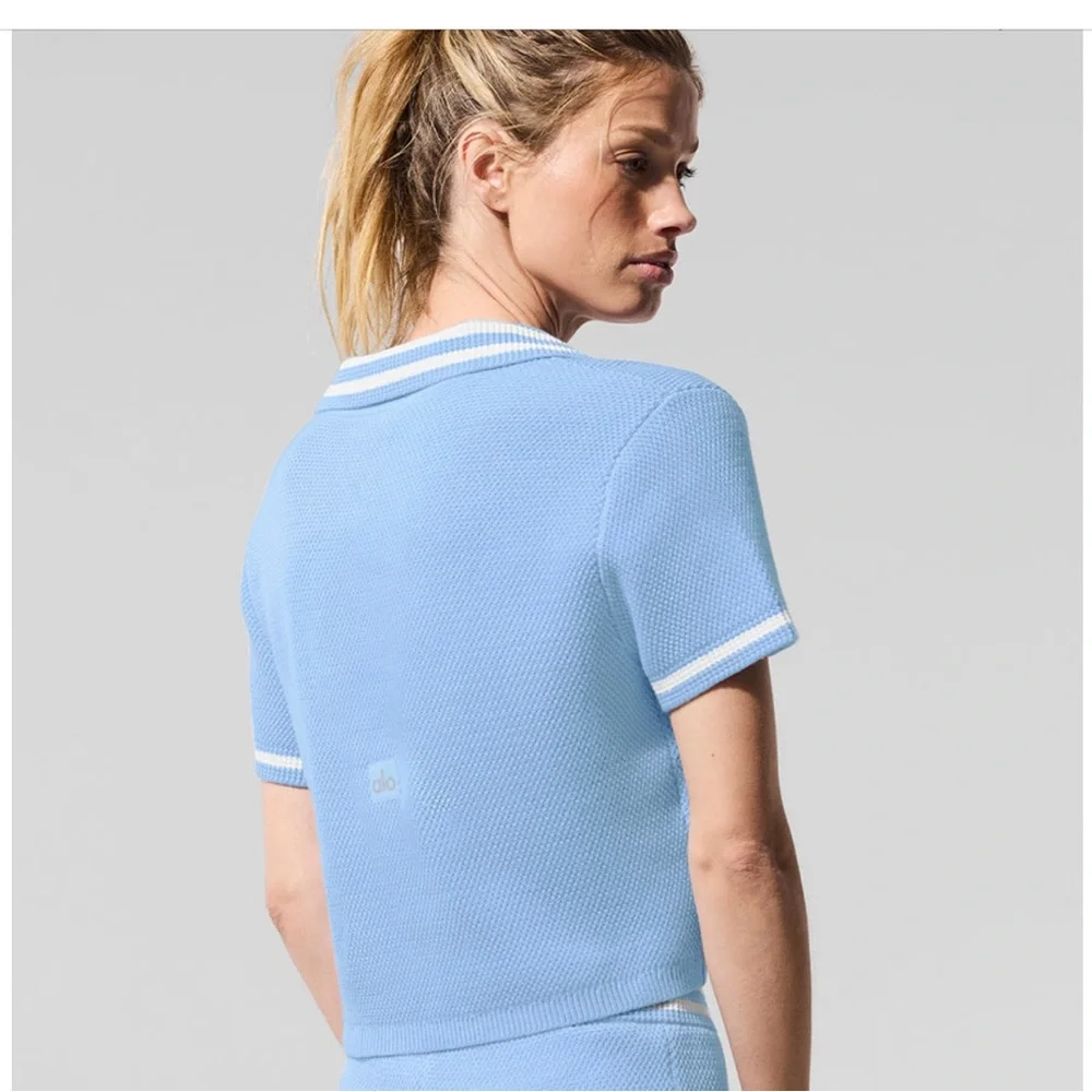 ALO Tennis Club Sweater Knit Cropped Polo - Seashell Blue/White NWT! 🐚 - Picture 8 of 11